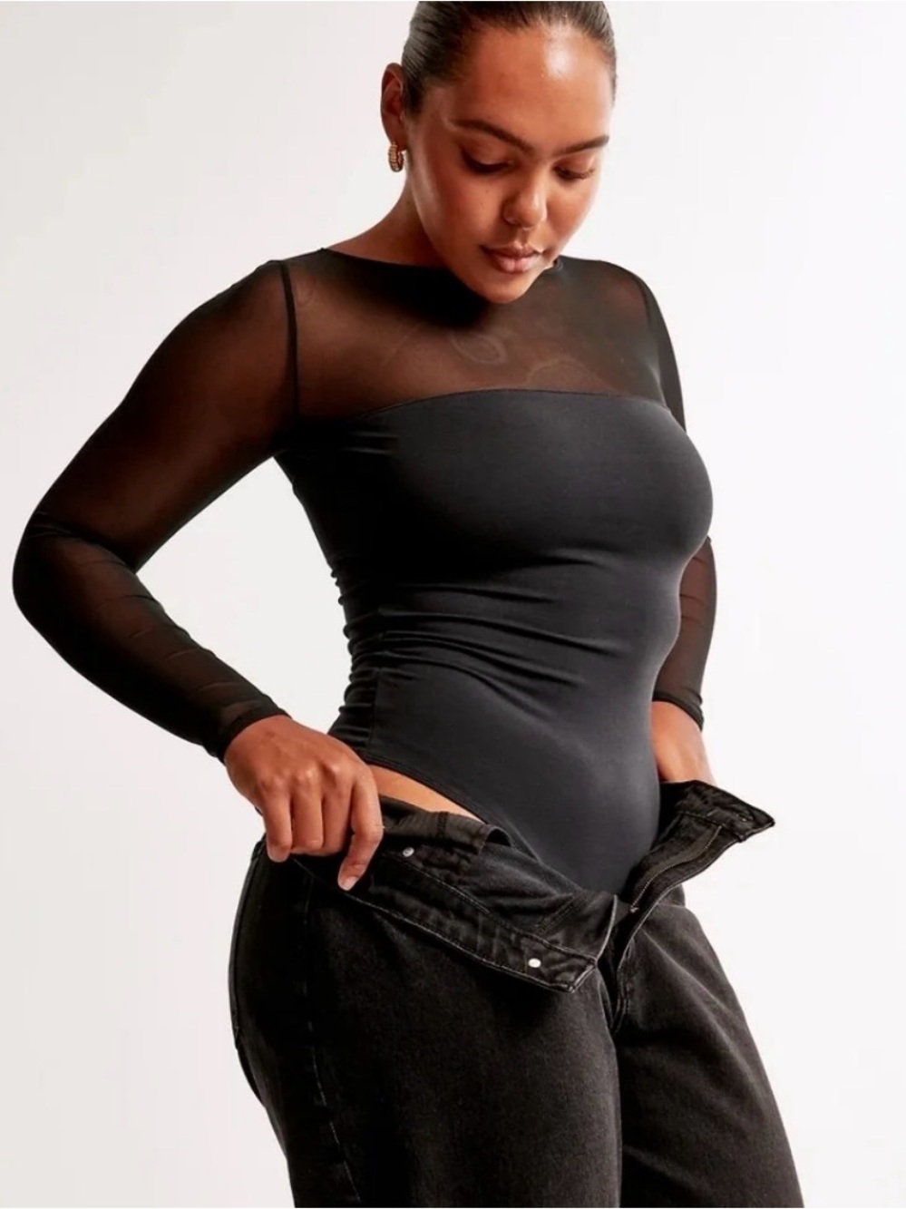 Abercrombie & Fitch Black Sheer-Yoke Long Sleeve Bodysuit - Picture 6 of 7